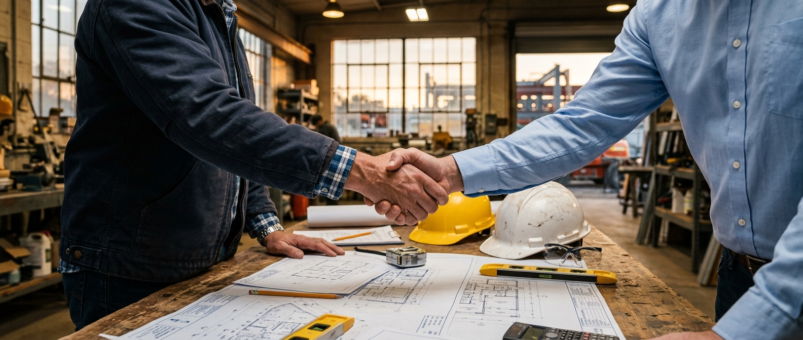 Shaking hands over building plans — a Block 7 consultation
